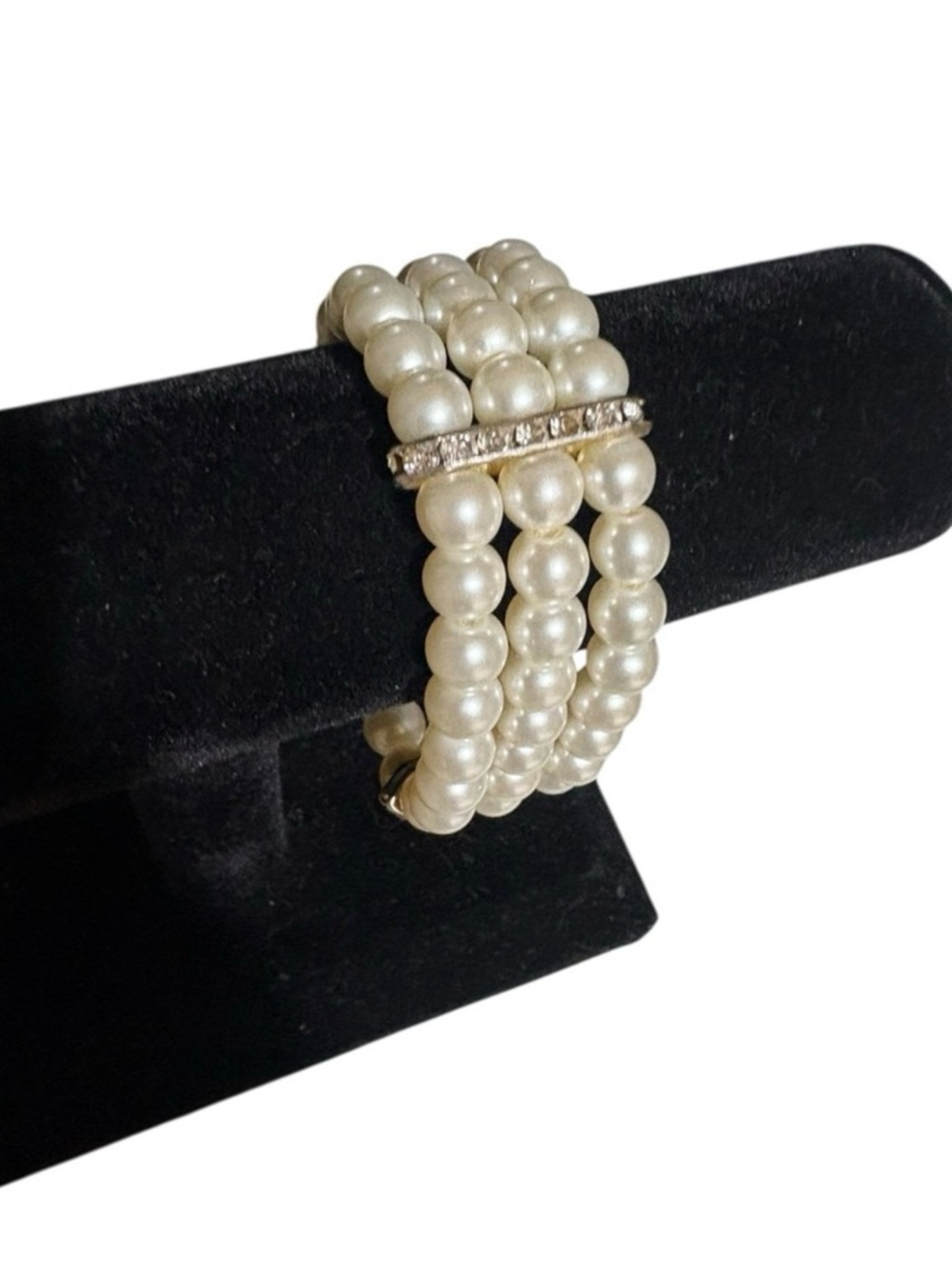 Triple-Row Ivory Pearl Stretch Bracelet with Rhinestone Bar